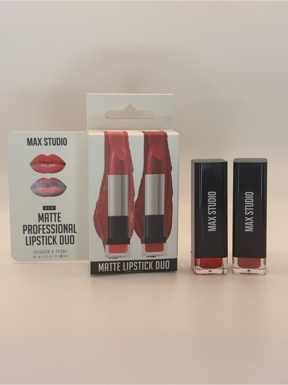 Max Studio - Matte Professional Lipstick Duo - "Crimson & Peony"- Full Size -NIB